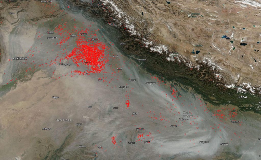 Satellite photo of fires burning in India Nov. 8, 2016.